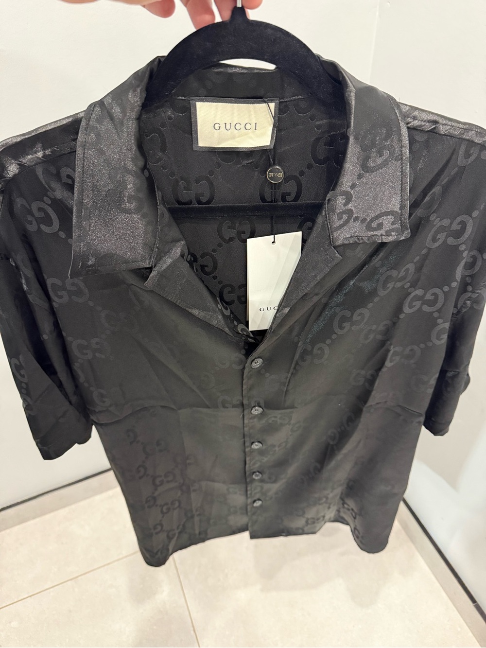 Gucci Black Tonal GG Satin Short Sleeve Button-Down Shirt